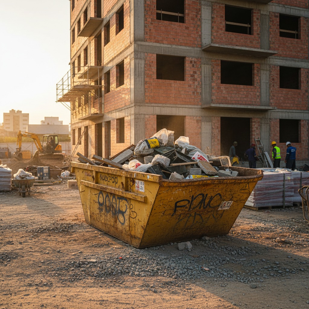 Uma caçamba de entulho amarela cheia de resíduos de construção está em um canteiro de obras em frente a um prédio inacabado.