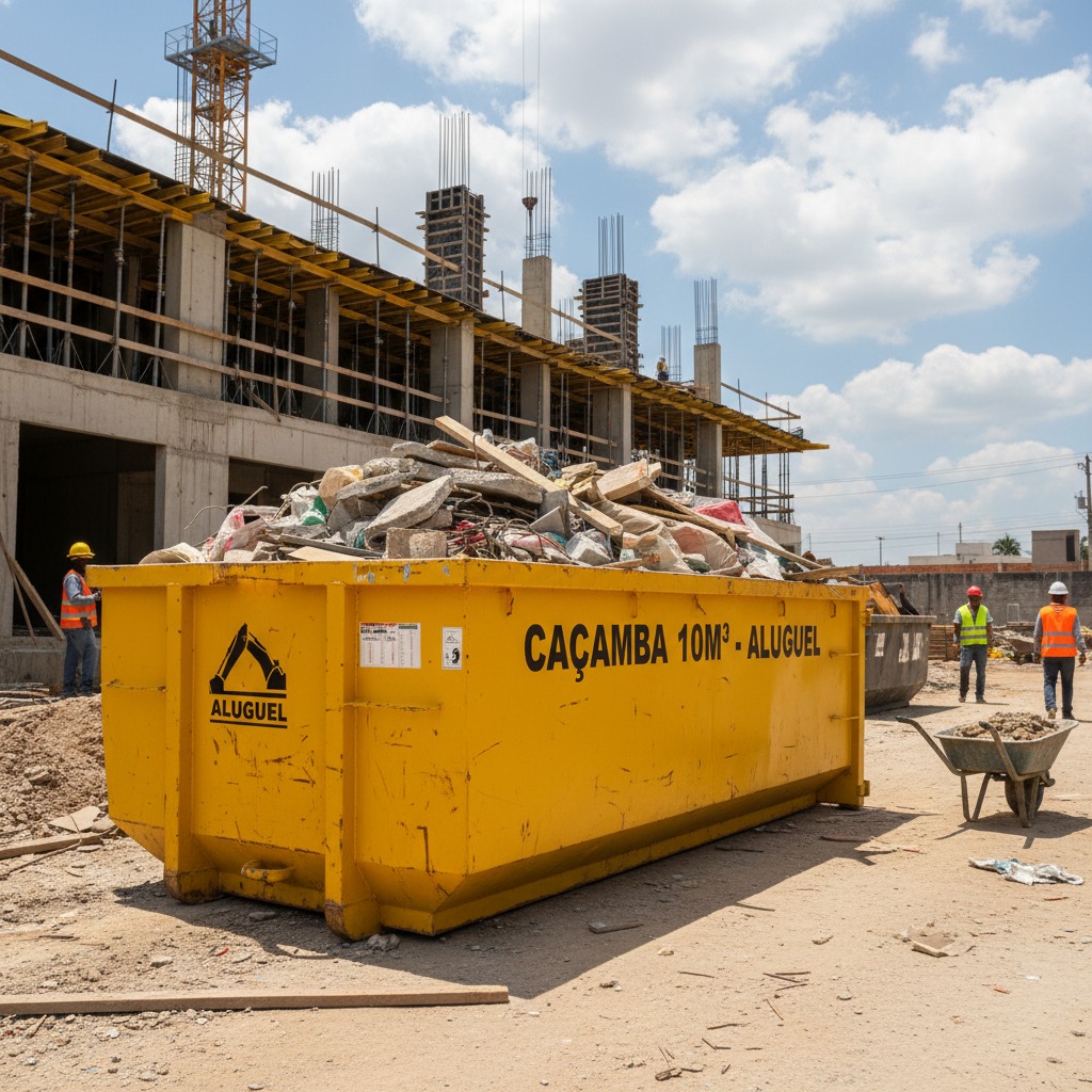 Uma caçamba amarela cheia de entulho está em um canteiro de obras, com operários e prédios em construção ao fundo.