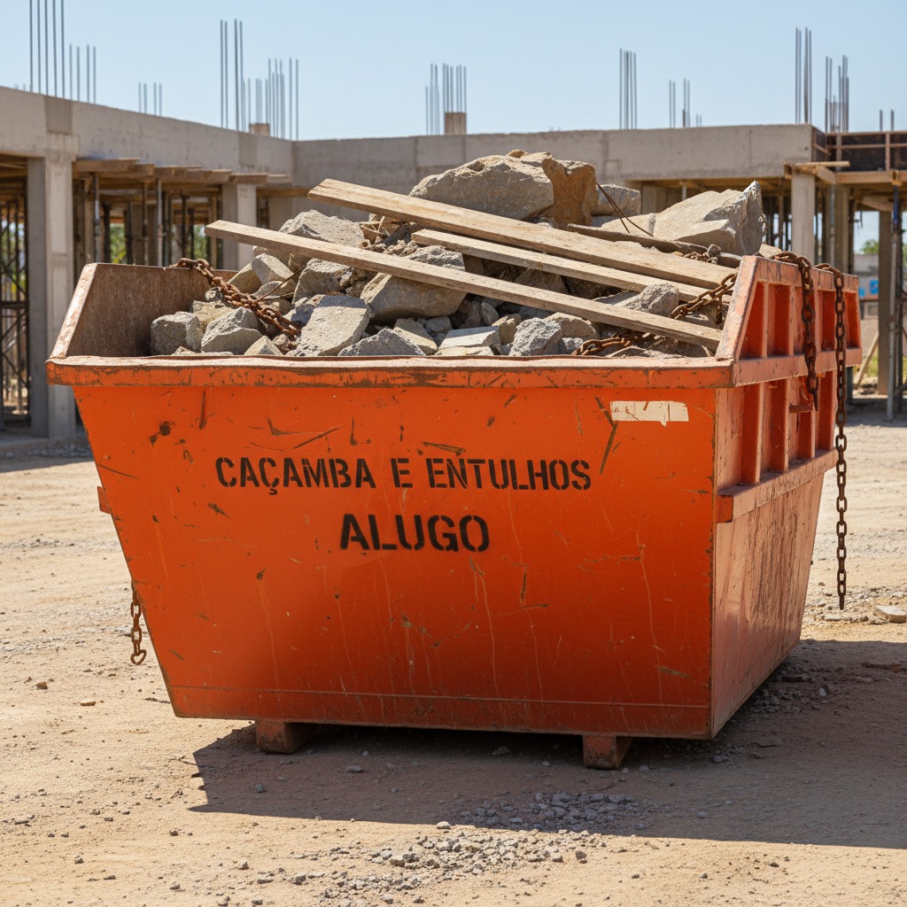 Caçamba de lixo laranja com entulhos e pedaços de madeira em um canteiro de obras.
